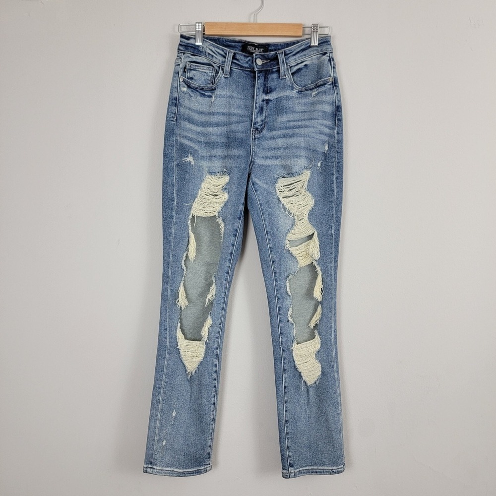 Judy Blue Distressed Jeans Womens 5 Blue Denim Pockets High Rise Straight Fit
